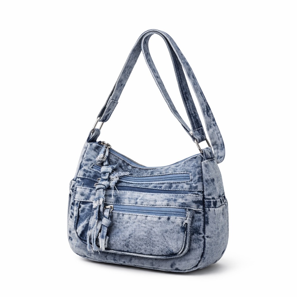 Light Blue Denim-Effect Shoulder Bag with Front Zips